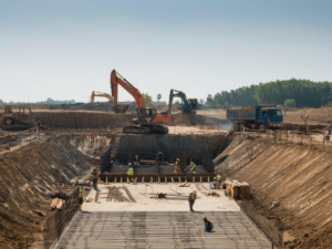 Construction site with a crew working and equipment in the background