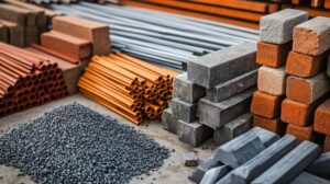 Pile of construction materials including bricks, stone, and pipes.