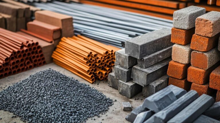 Pile of construction materials including bricks, stone, and pipes.